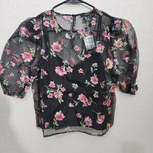 Forever 21 Top Puff Sleeve Floral Whimsy goth Fairy Medium
